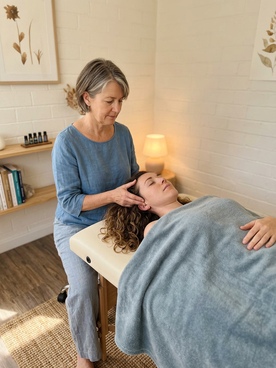 Therapist giving head massage to a relaxed client covered with a gray blanket