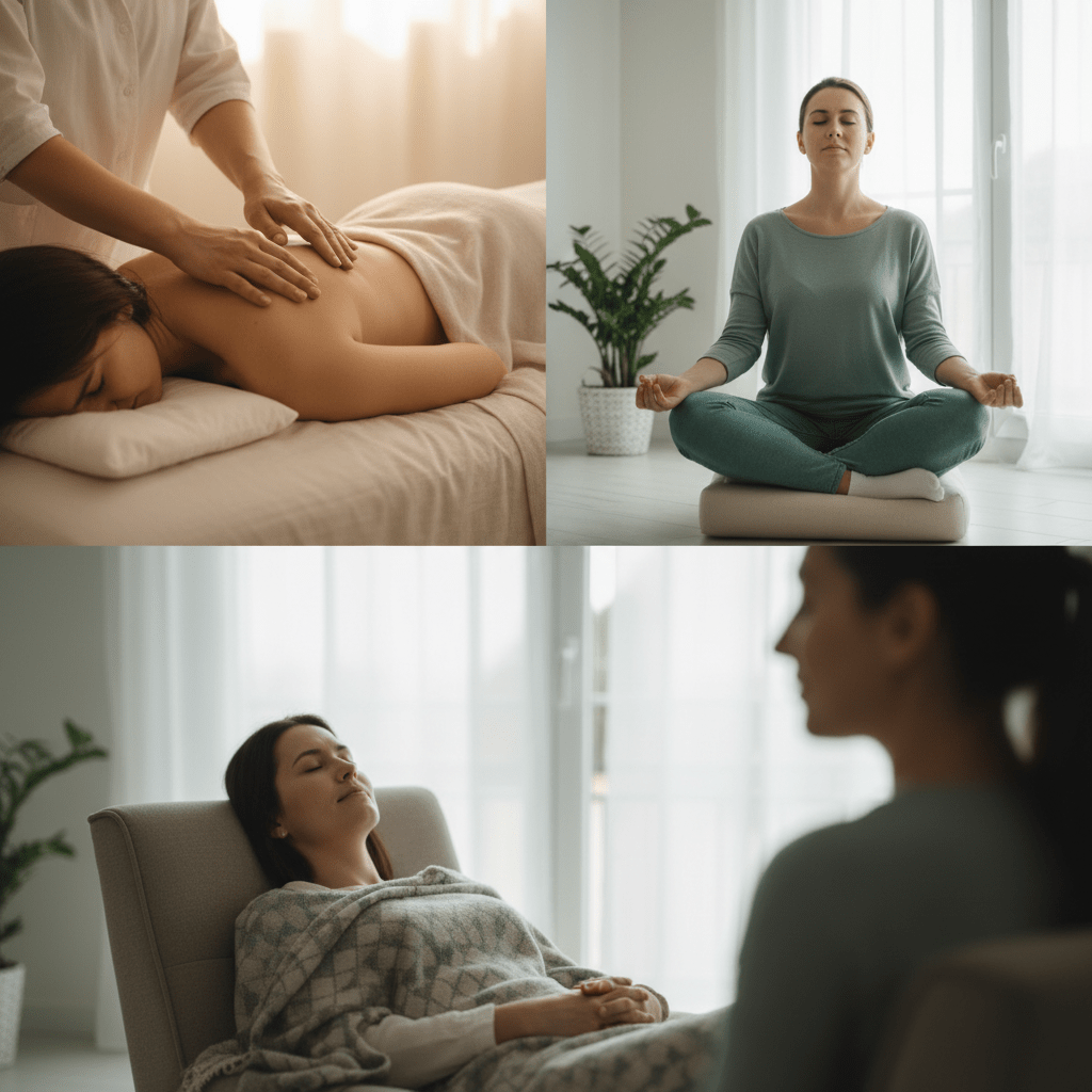 Montage photo sobre, carré, combinant trois scènes distinctes mais harmonieuses : une scène de microkinésithérapie avec geste doux sur le dos ou les épaules, une scène de sophrologie avec une personne assise en relaxation guidée, et une scène d’hypnose avec une personne détendue les yeux fermés. Ambiance lumineuse, professionnelle et chaleureuse, couleurs douces, style photographie réaliste, sans texte, visage de thérapeute féminin suggéré de manière discrète et respectueuse, atmosphère bien-être et confiance.